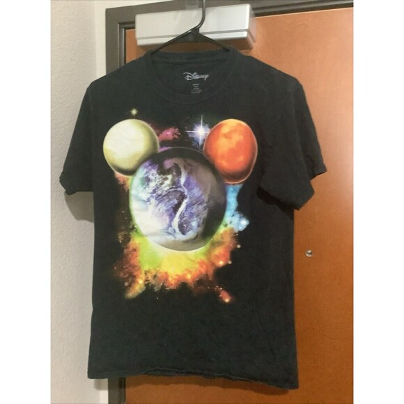 Disney Men’s Black Mickey Mouse Planet T-Shirt Size Small New Without Tags - Picture 1 of 4